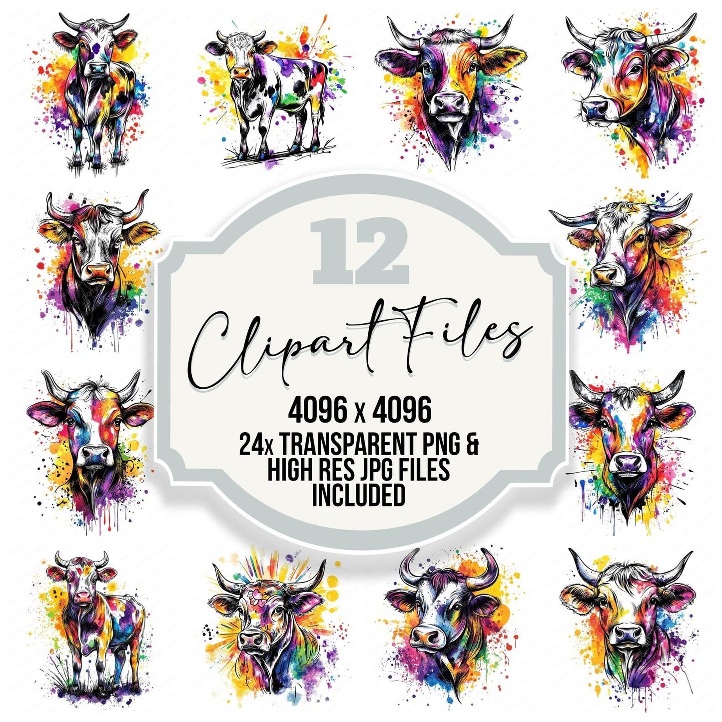 Watercolour Spatter Cow Clipart Set (DDD007350)