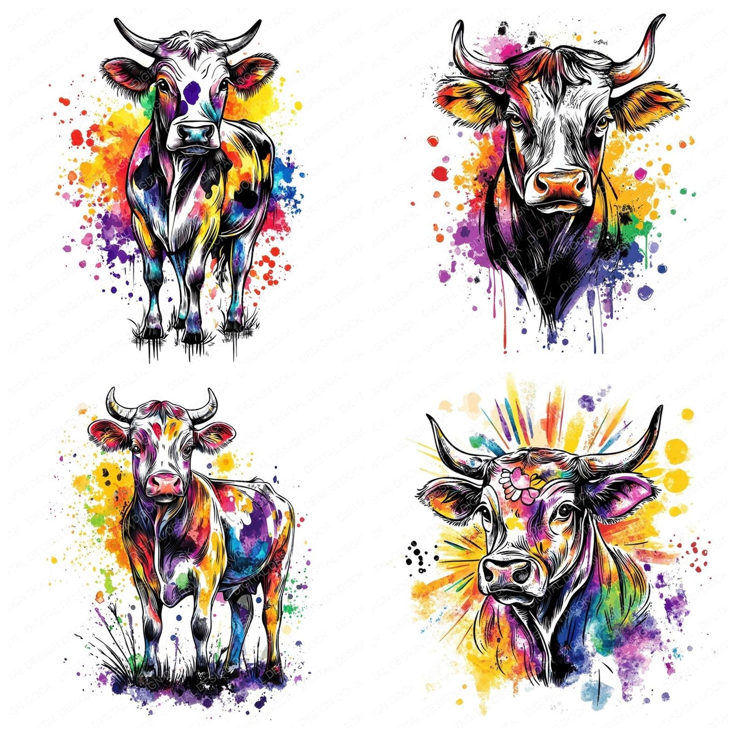 Watercolour Spatter Cow Clipart Set (DDD007350)