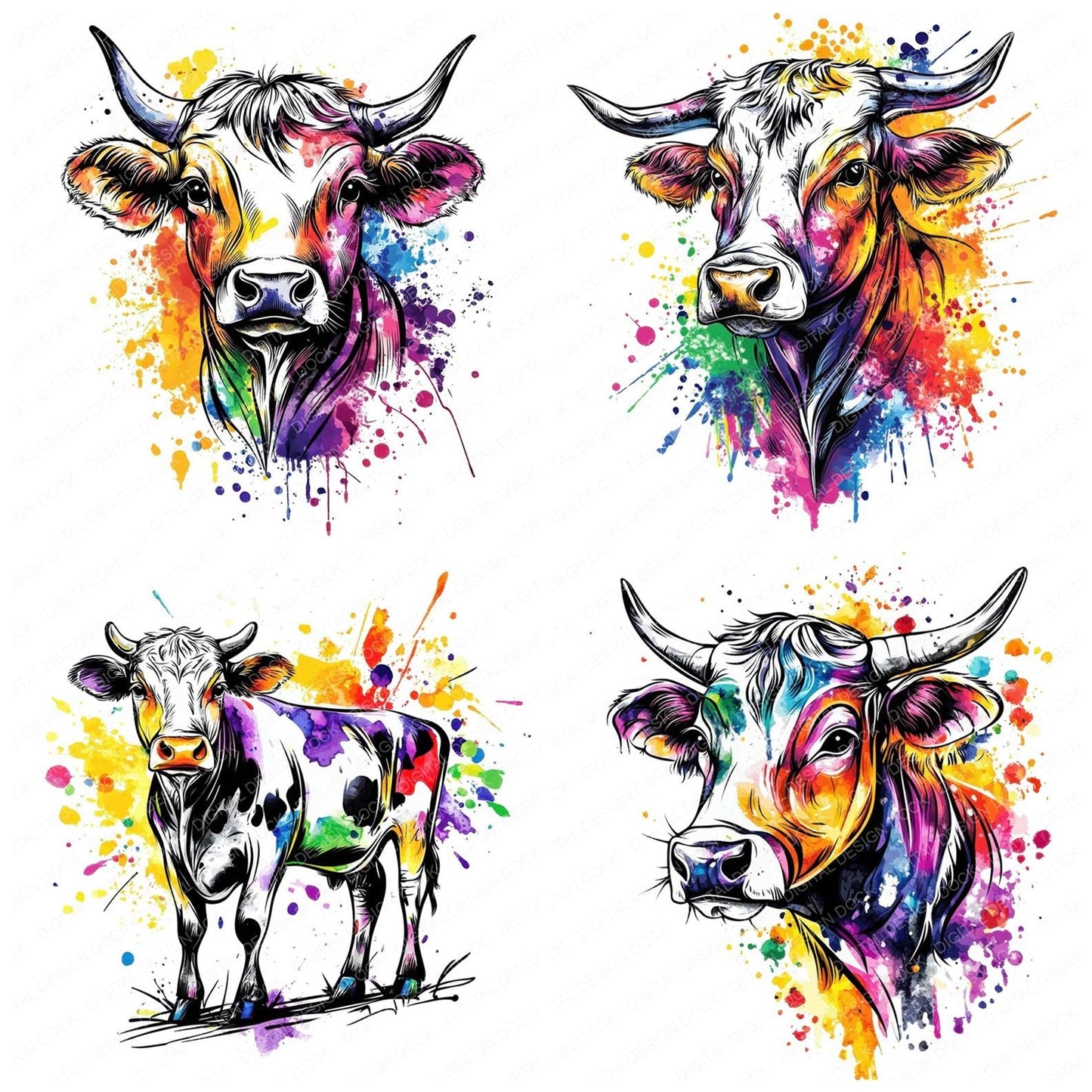 Watercolour Spatter Cow Clipart Set (DDD007350)