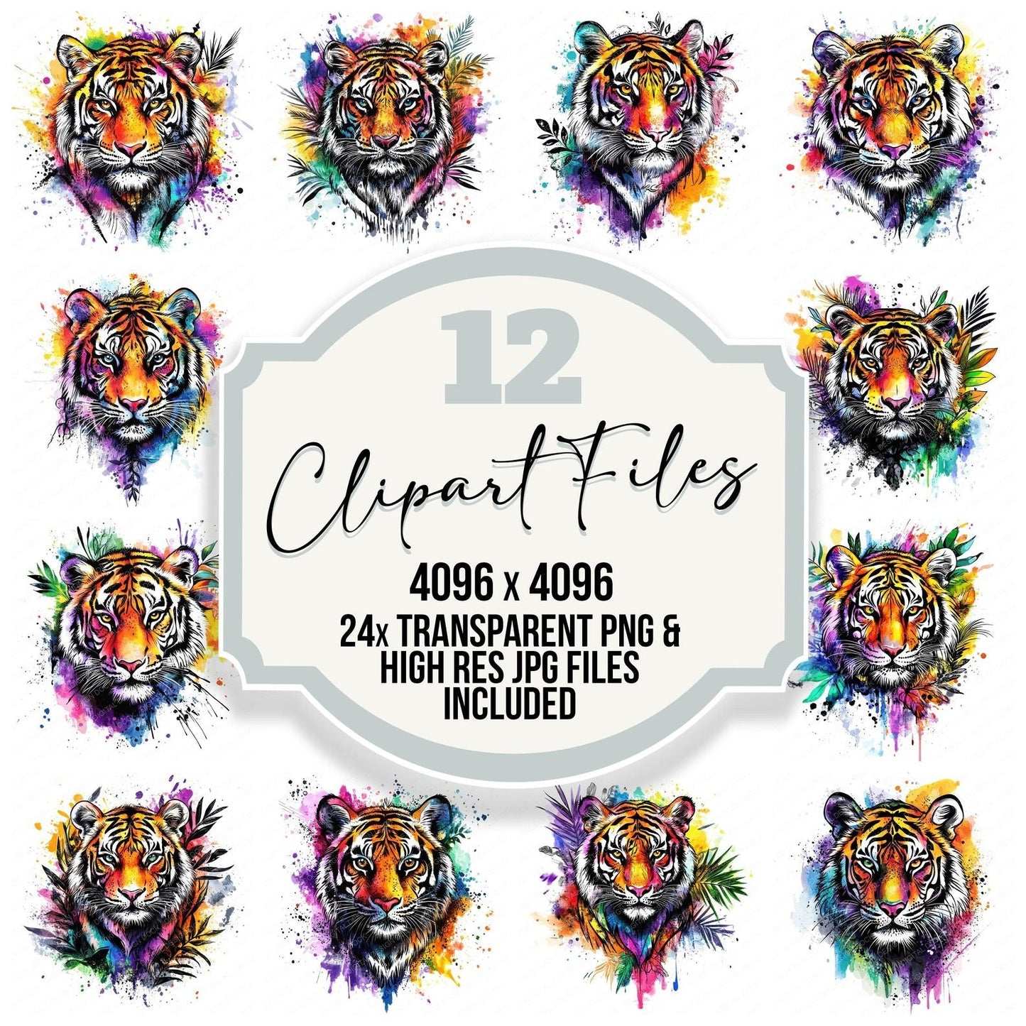 Watercolour Spatter Tiger Clipart Set (DDD007354)