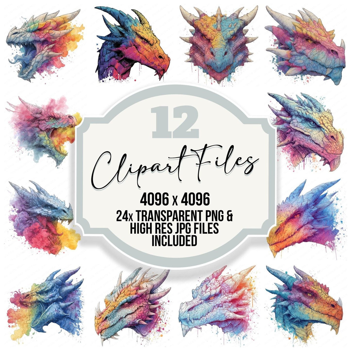 Watercolour Splash Dragon Head Clipart Set (DDD007358)