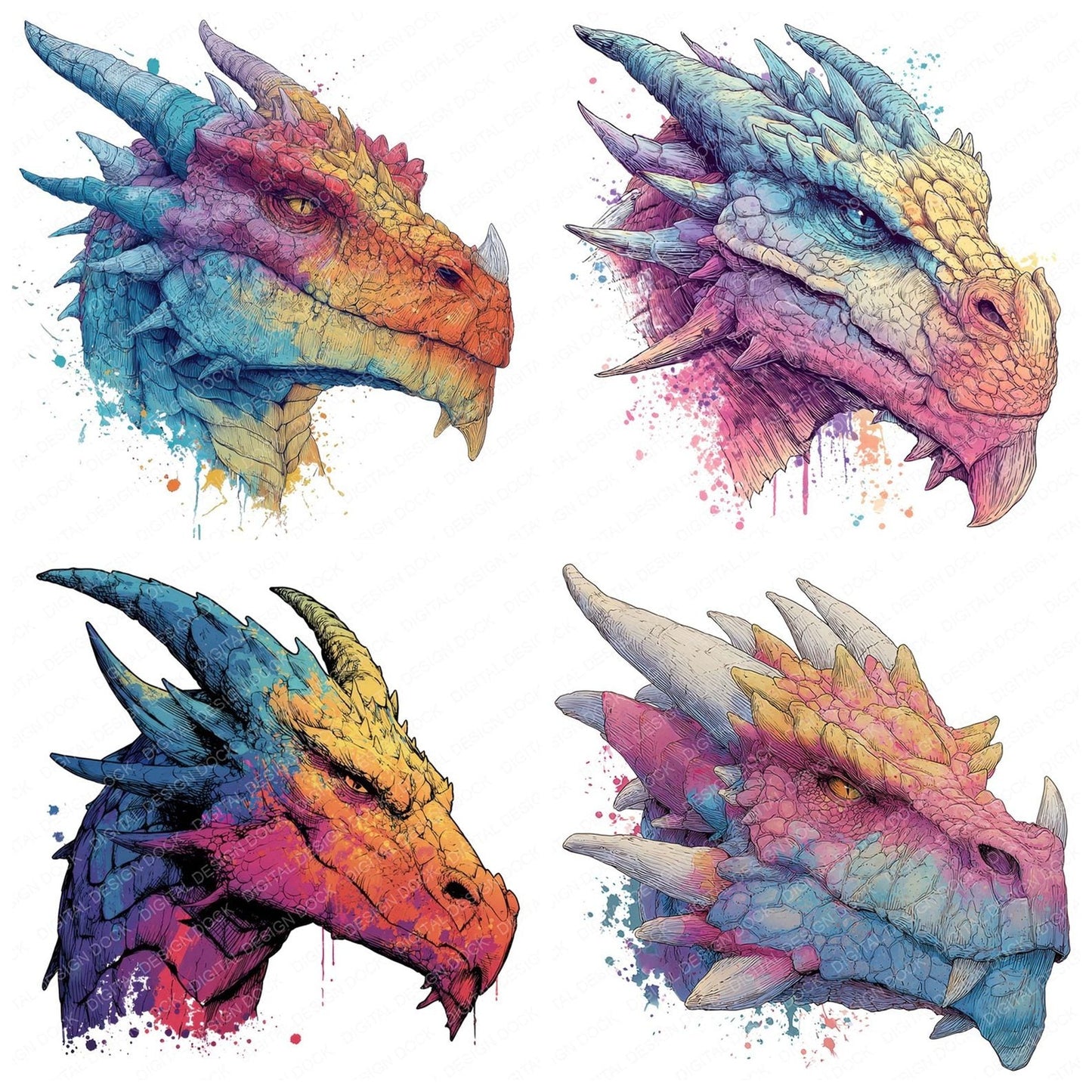 Watercolour Splash Dragon Head Clipart Set (DDD007358)