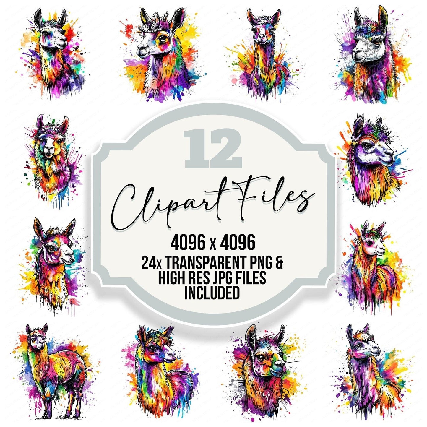 Watercolour Splatter Alpaca Clipart Set (DDD007364)