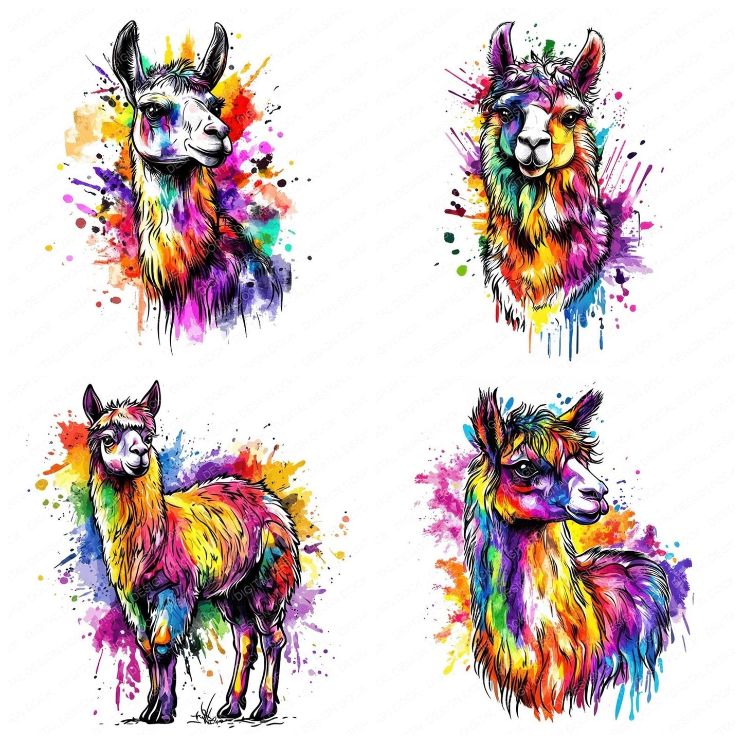 Watercolour Splatter Alpaca Clipart Set (DDD007364)