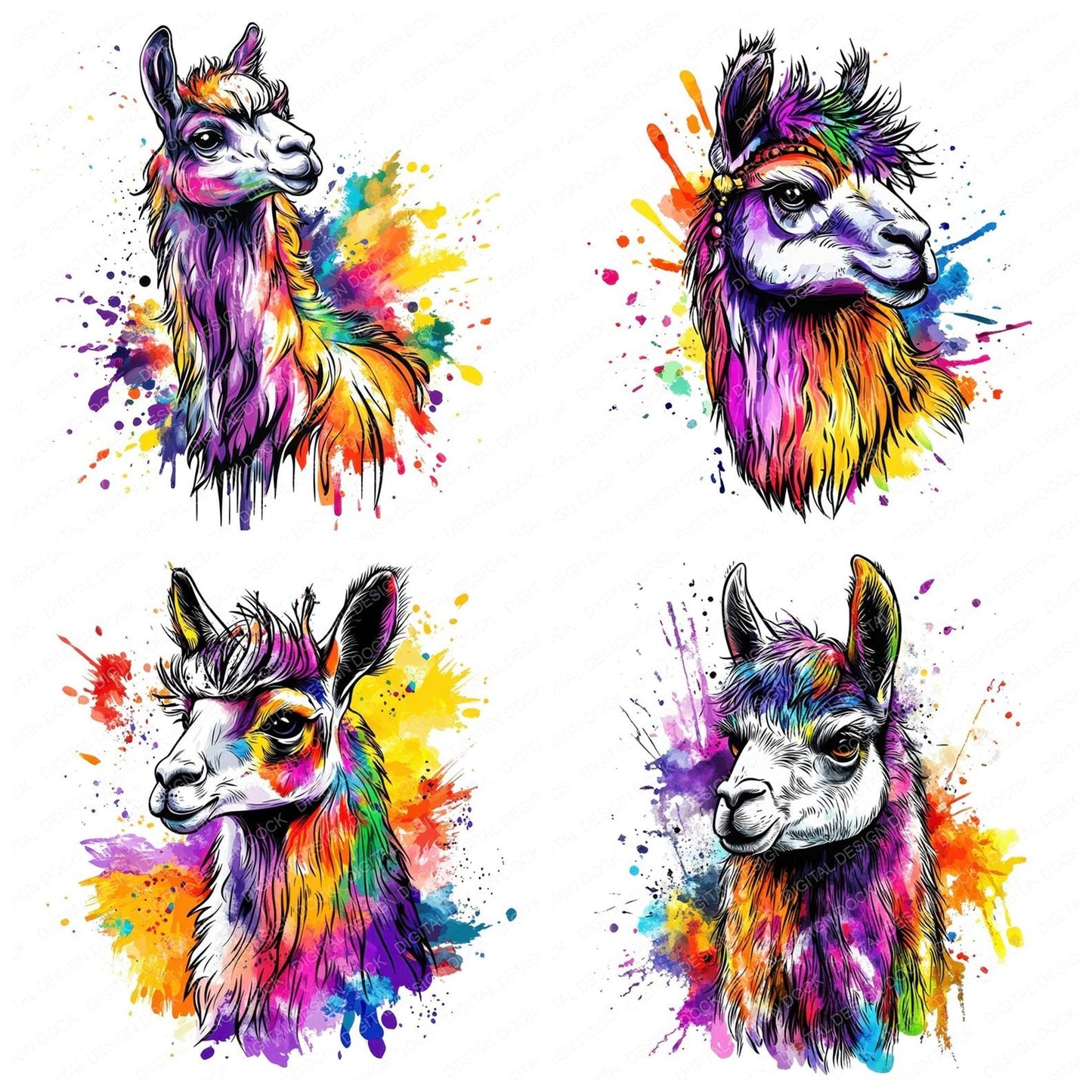 Watercolour Splatter Alpaca Clipart Set (DDD007364)