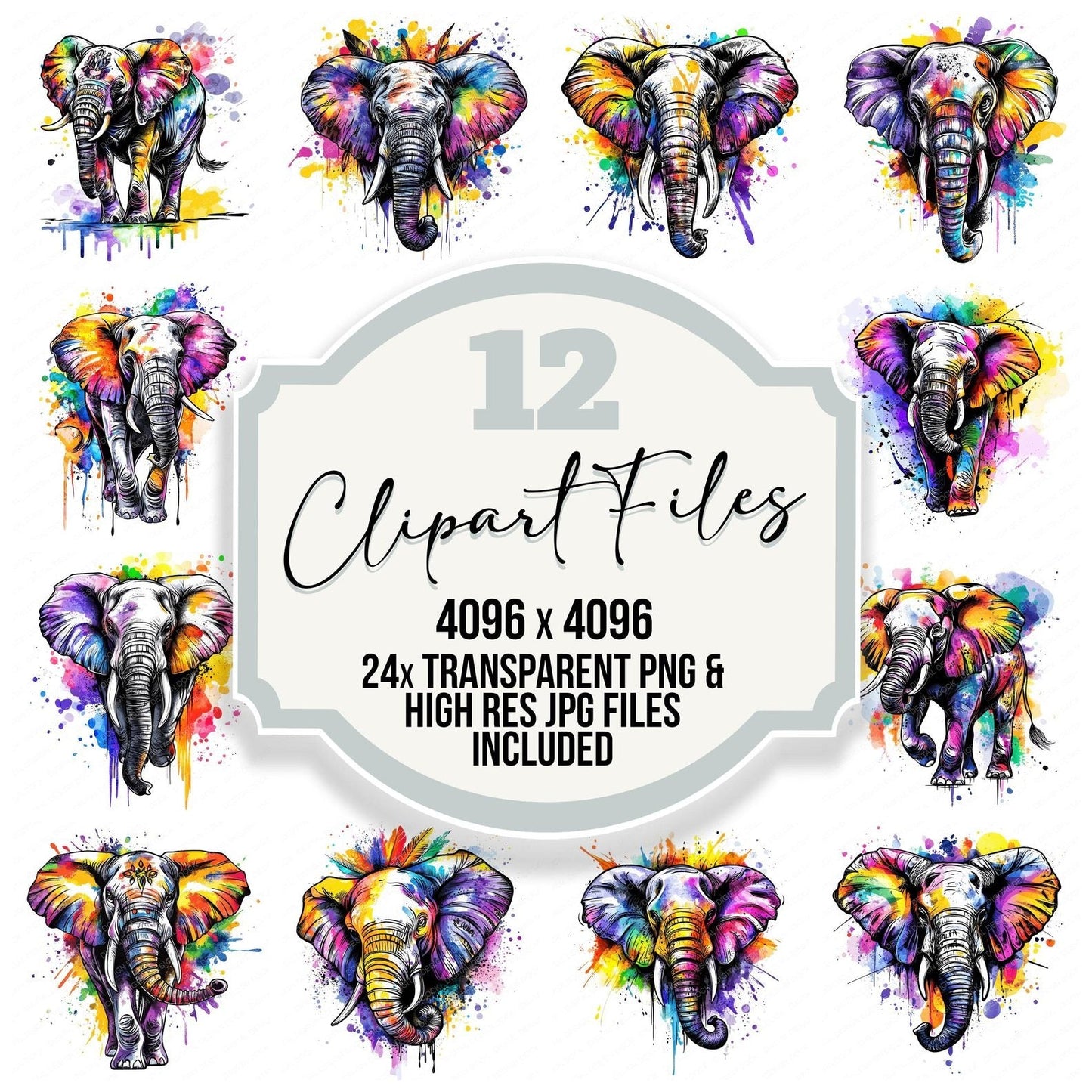 Watercolour Splatter Elephant Clipart Set (DDD007365)