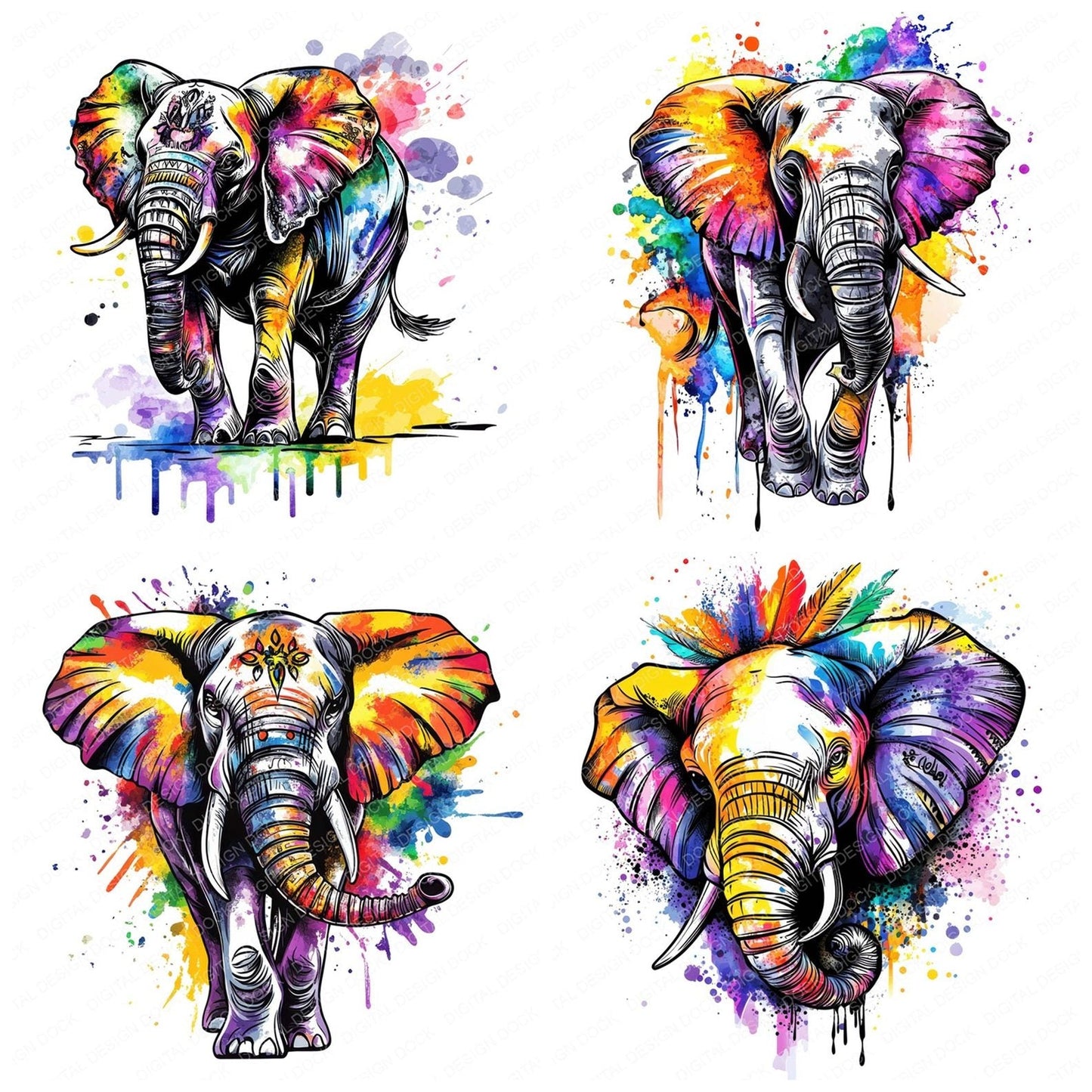 Watercolour Splatter Elephant Clipart Set (DDD007365)