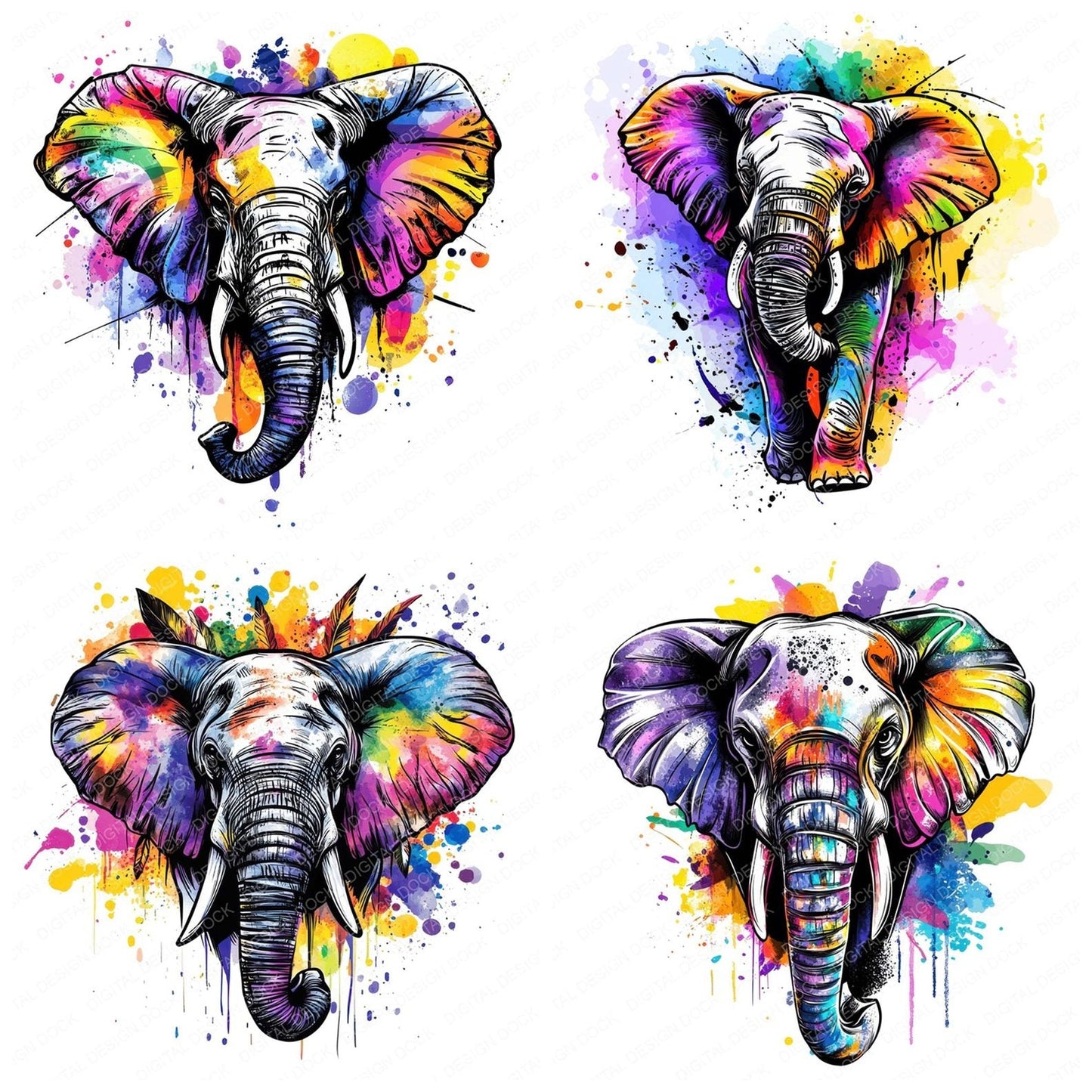 Watercolour Splatter Elephant Clipart Set (DDD007365)