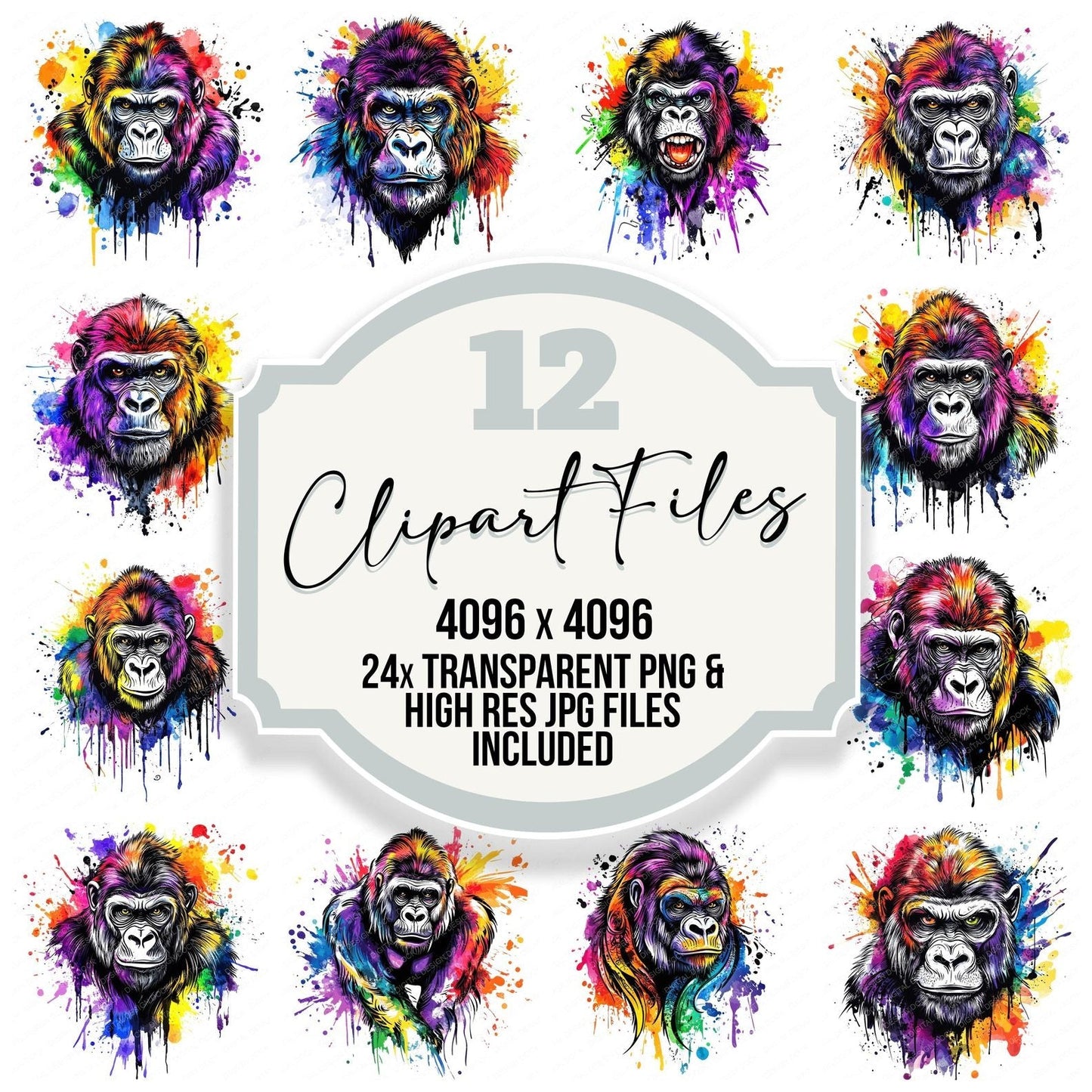 Watercolour Splatter Gorilla Clipart Set (DDD007367)