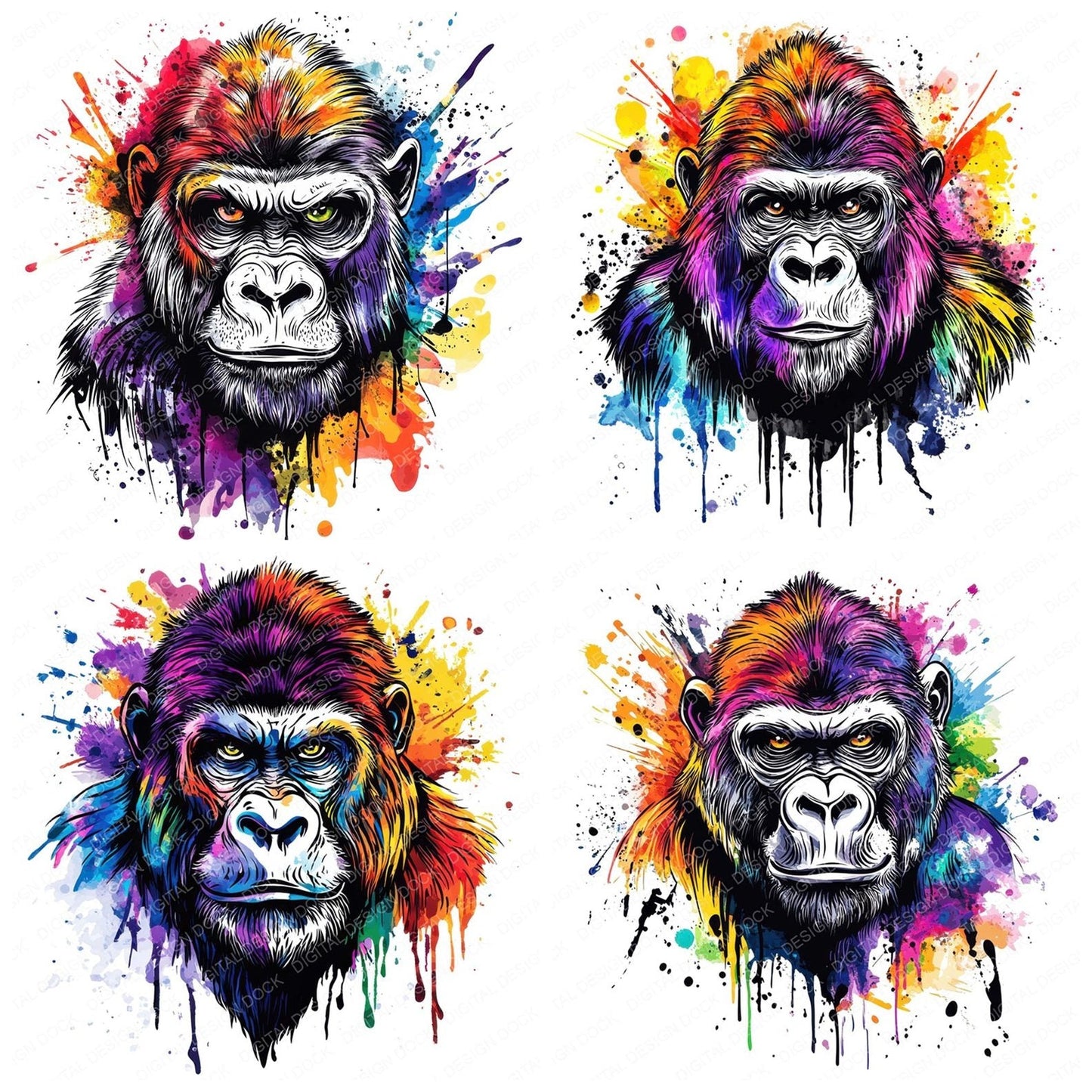 Watercolour Splatter Gorilla Clipart Set (DDD007367)
