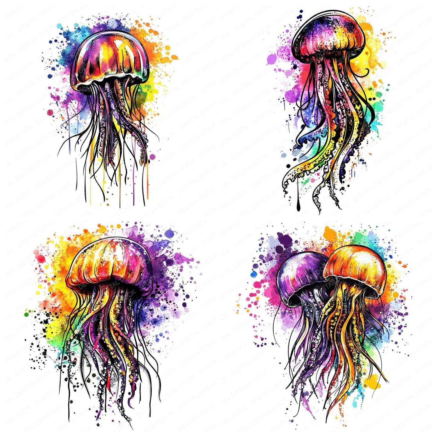 Watercolour Splatter Jellyfish Clipart Set (DDD007368)