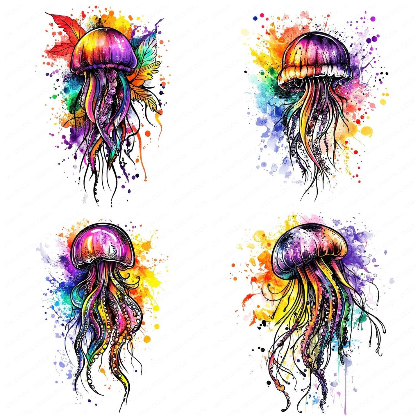 Watercolour Splatter Jellyfish Clipart Set (DDD007368)