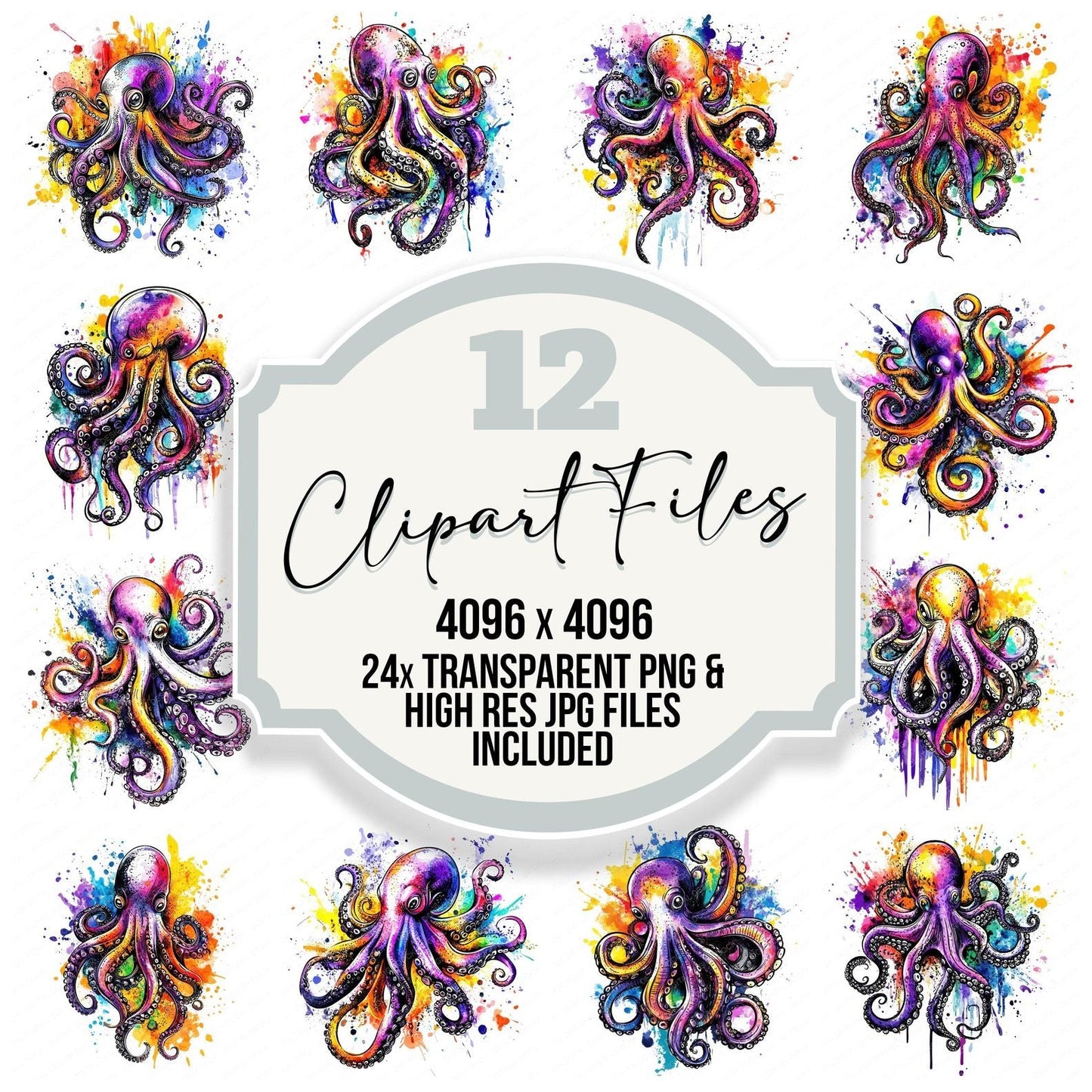 Watercolour Splatter Octopus Clipart Set (DDD007371)