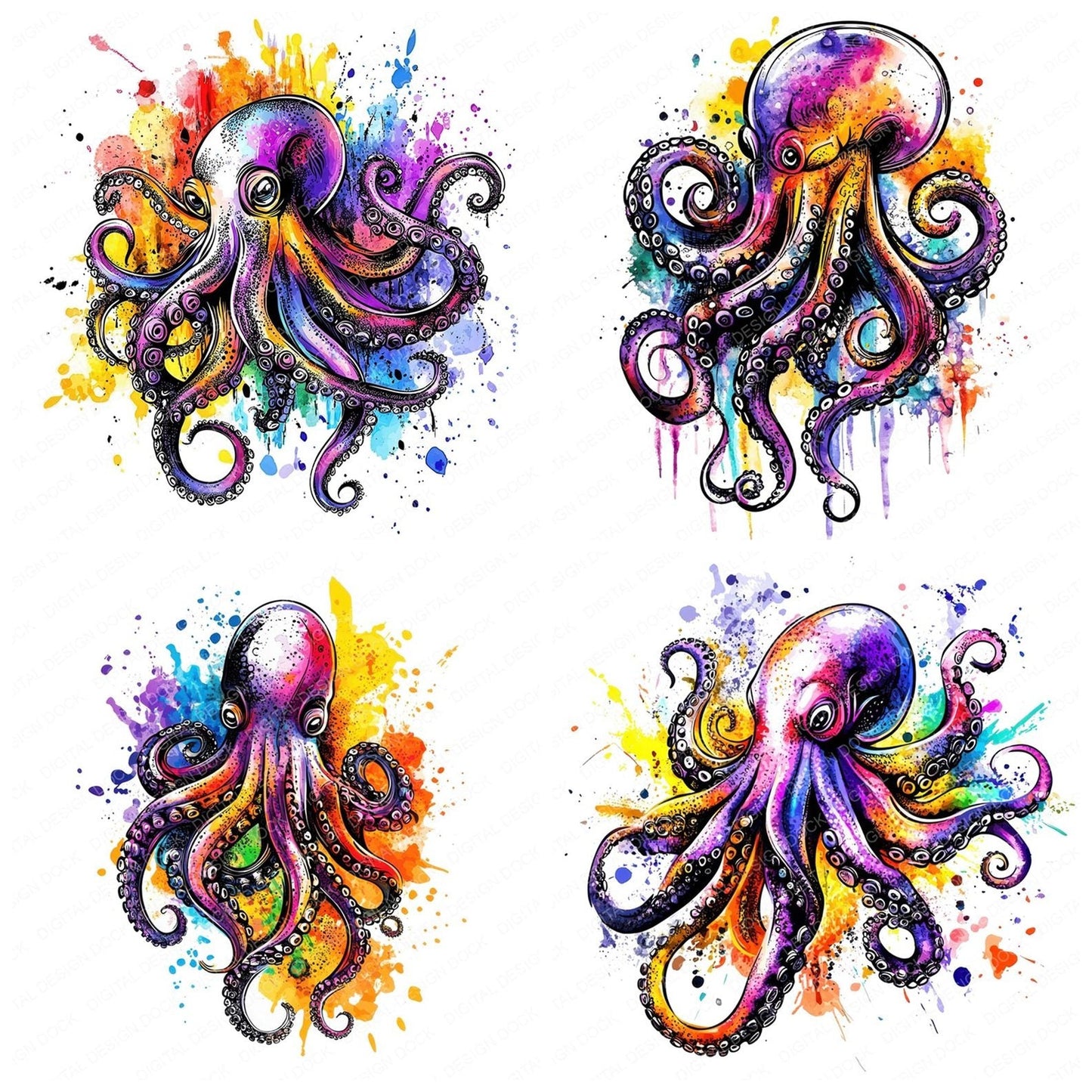 Watercolour Splatter Octopus Clipart Set (DDD007371)