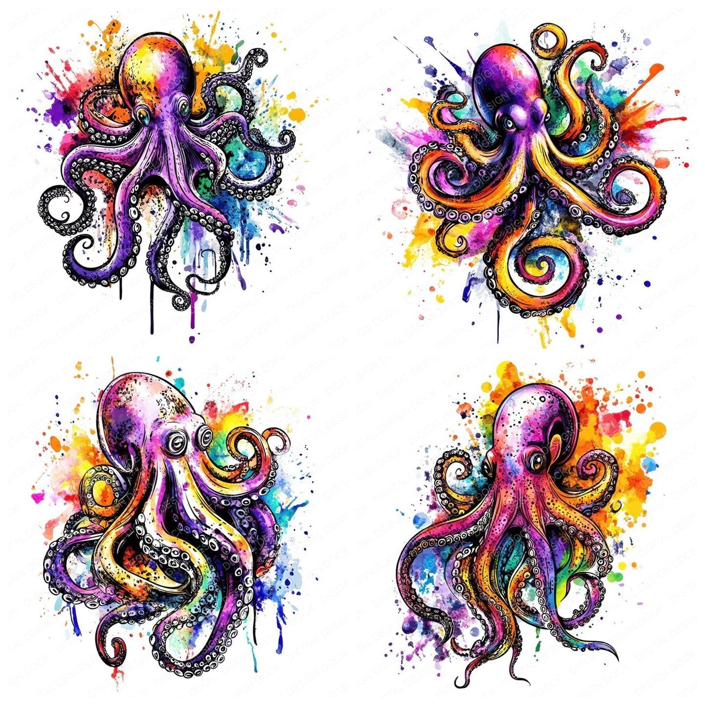 Watercolour Splatter Octopus Clipart Set (DDD007371)