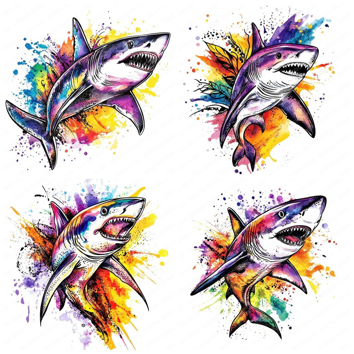 Watercolour Splatter Shark Clipart Set (DDD007372)
