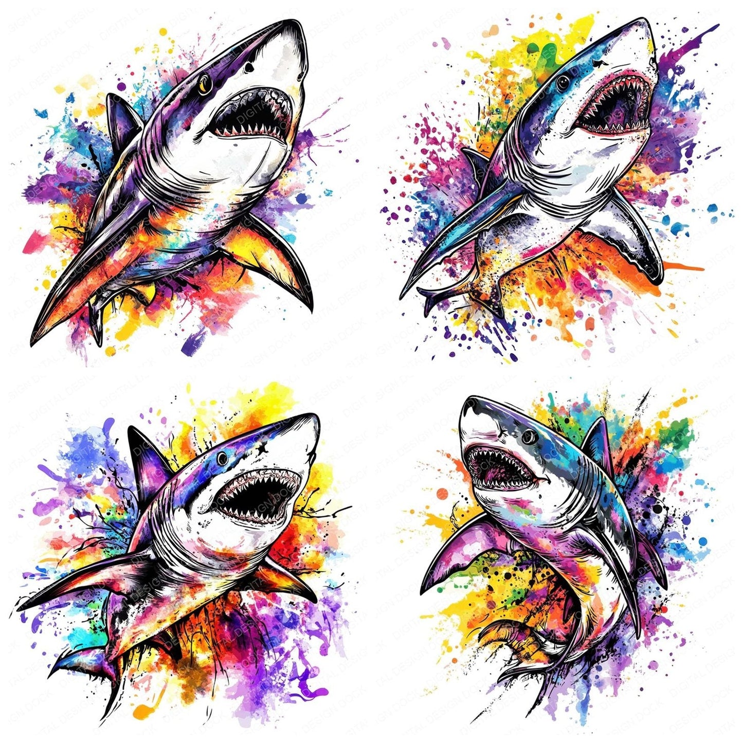 Watercolour Splatter Shark Clipart Set (DDD007372)