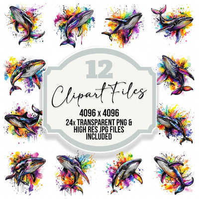 Watercolour Splatter Whale clipart set cover showing the designs and file details
