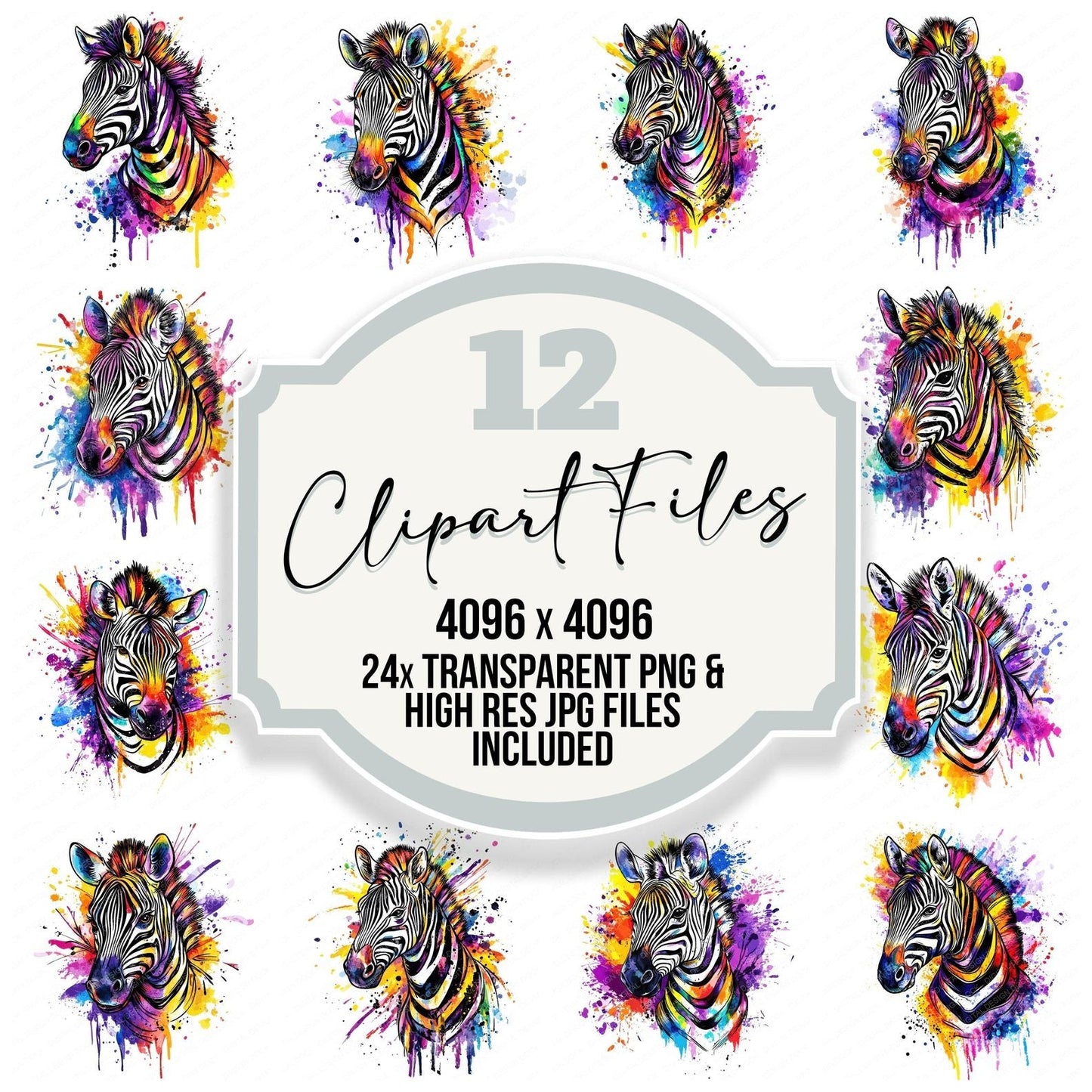 Watercolour Splatter Zebra Clipart Set (DDD007374)