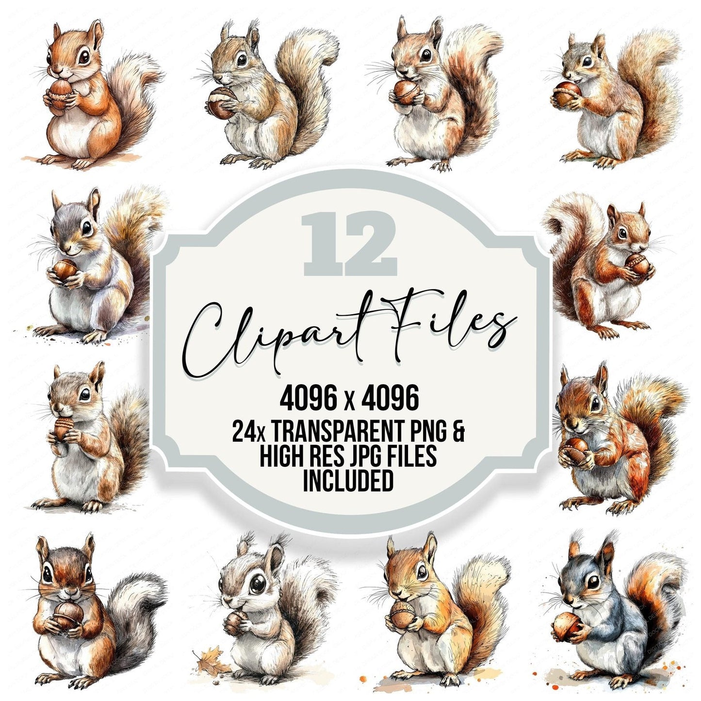 Watercolour Squirrel with Nut Clipart Set (DDD007377)