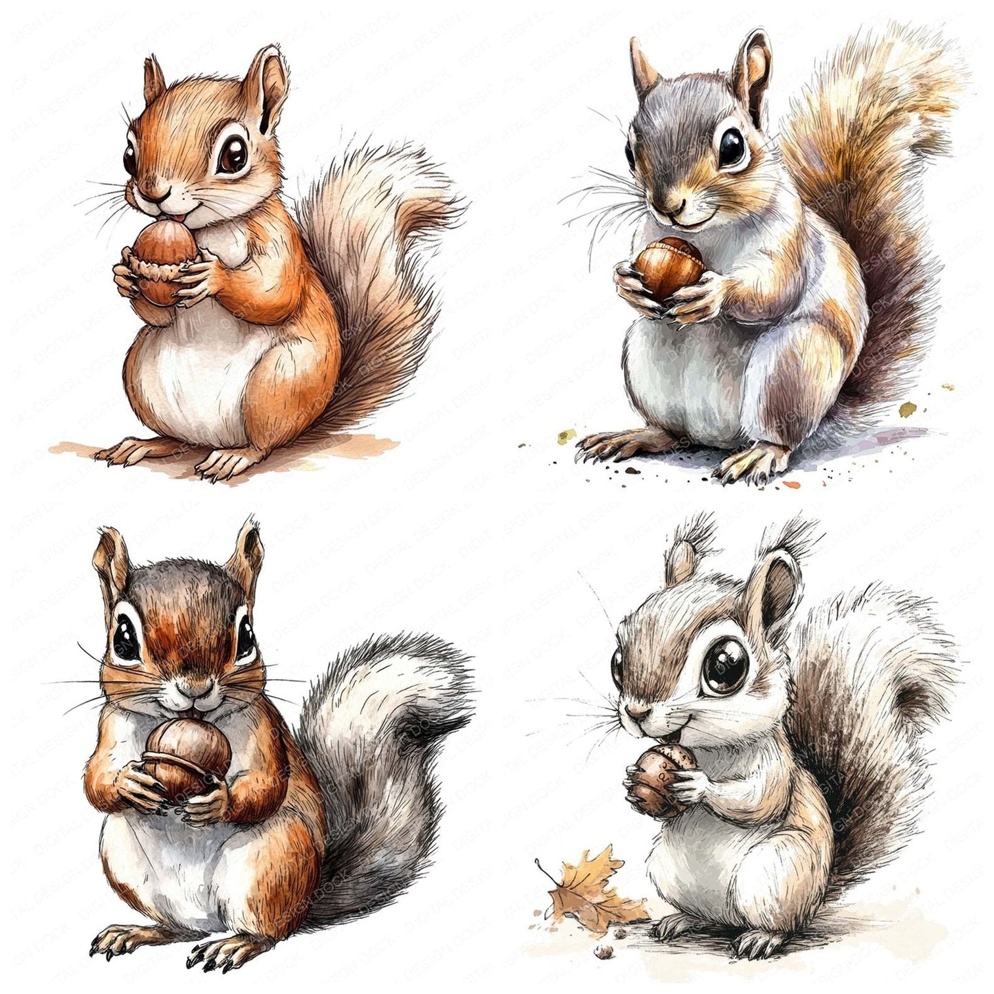 Watercolour Squirrel with Nut Clipart Set (DDD007377)