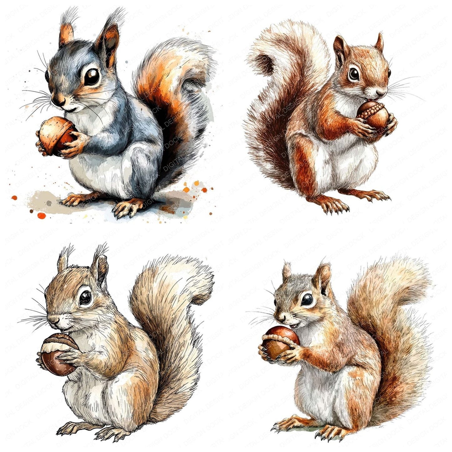 Watercolour Squirrel with Nut Clipart Set (DDD007377)