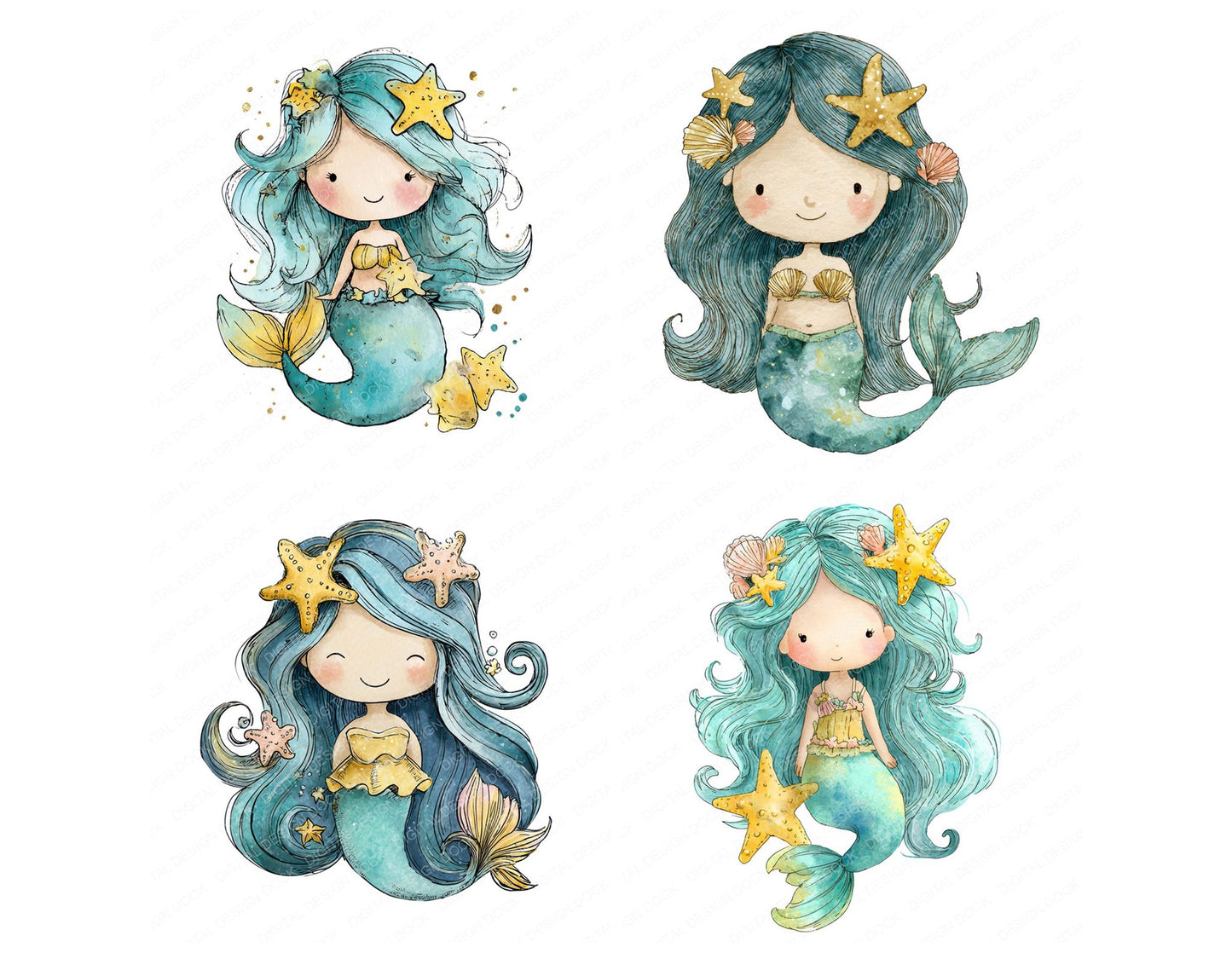 Watercolour Starfish Mermaid Clipart Set (DDD007382)