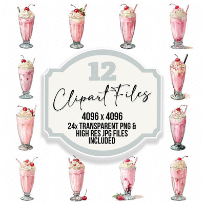 Watercolour Strawberry Milkshake clipart set cover showing the designs and file details