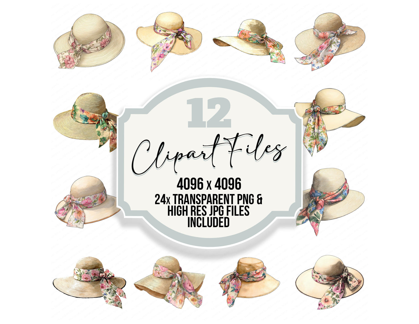 Watercolour Summer Hat clipart set with transparent PNGs and high resolution JPGs for crafting and design projects