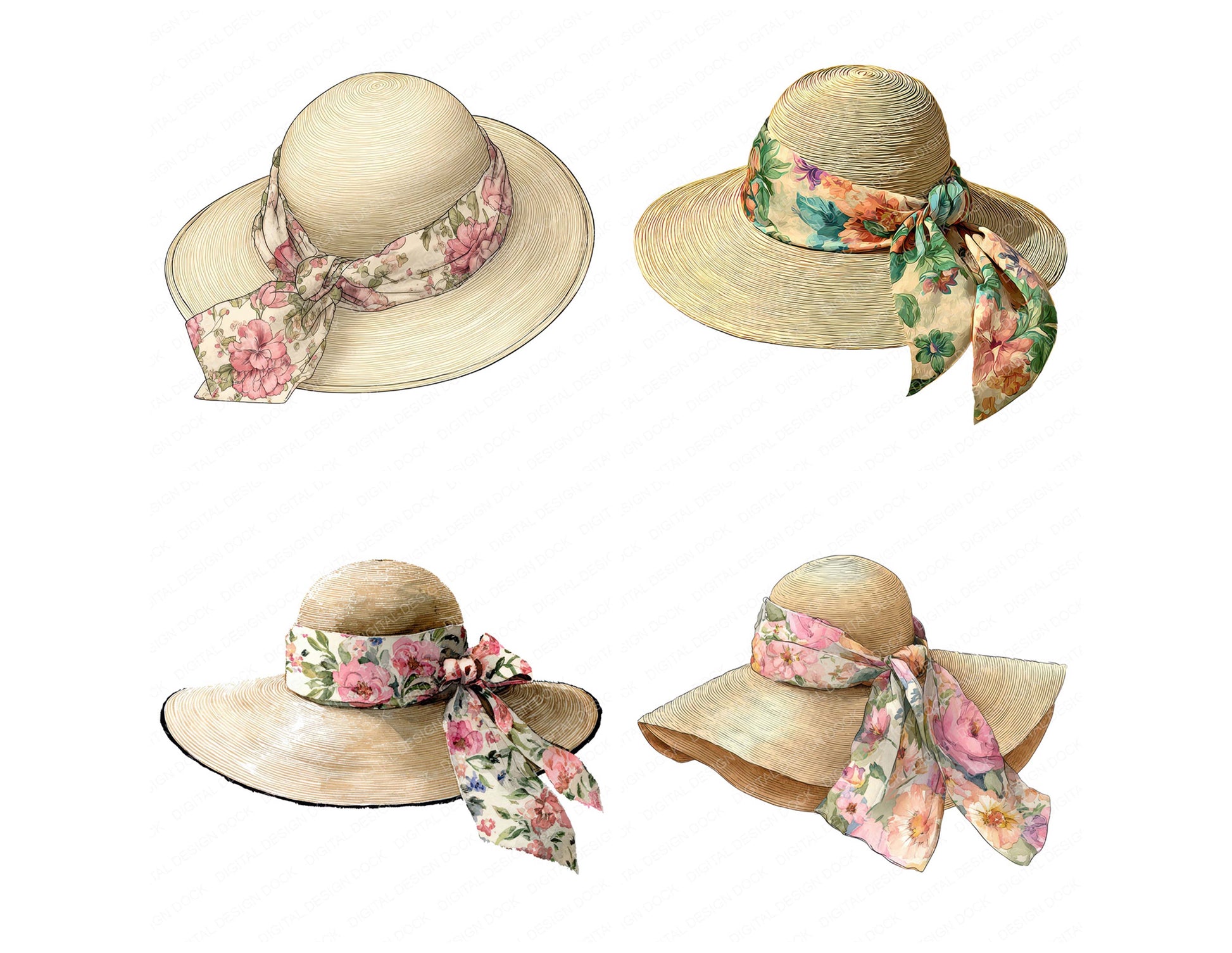 Preview layout showing Watercolour Summer Hat clipart elements for scrapbooking, junk journals, and card making