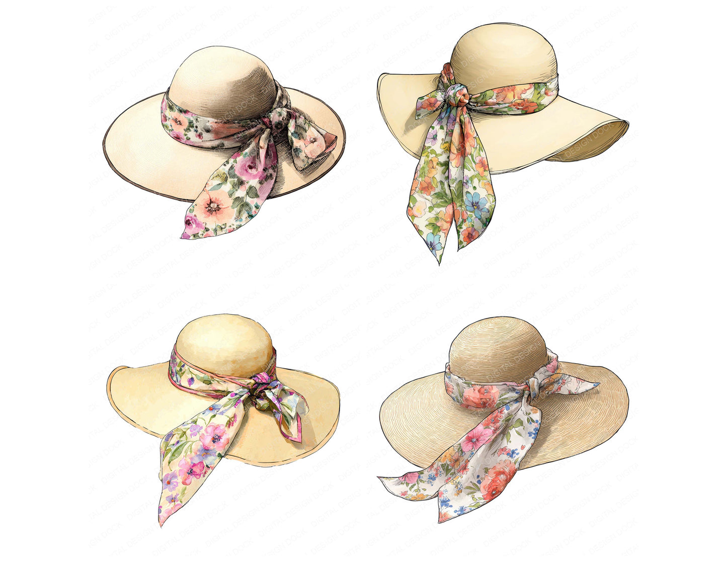 Close view of Watercolour Summer Hat clipart highlighting illustration detail and cohesive colour tones