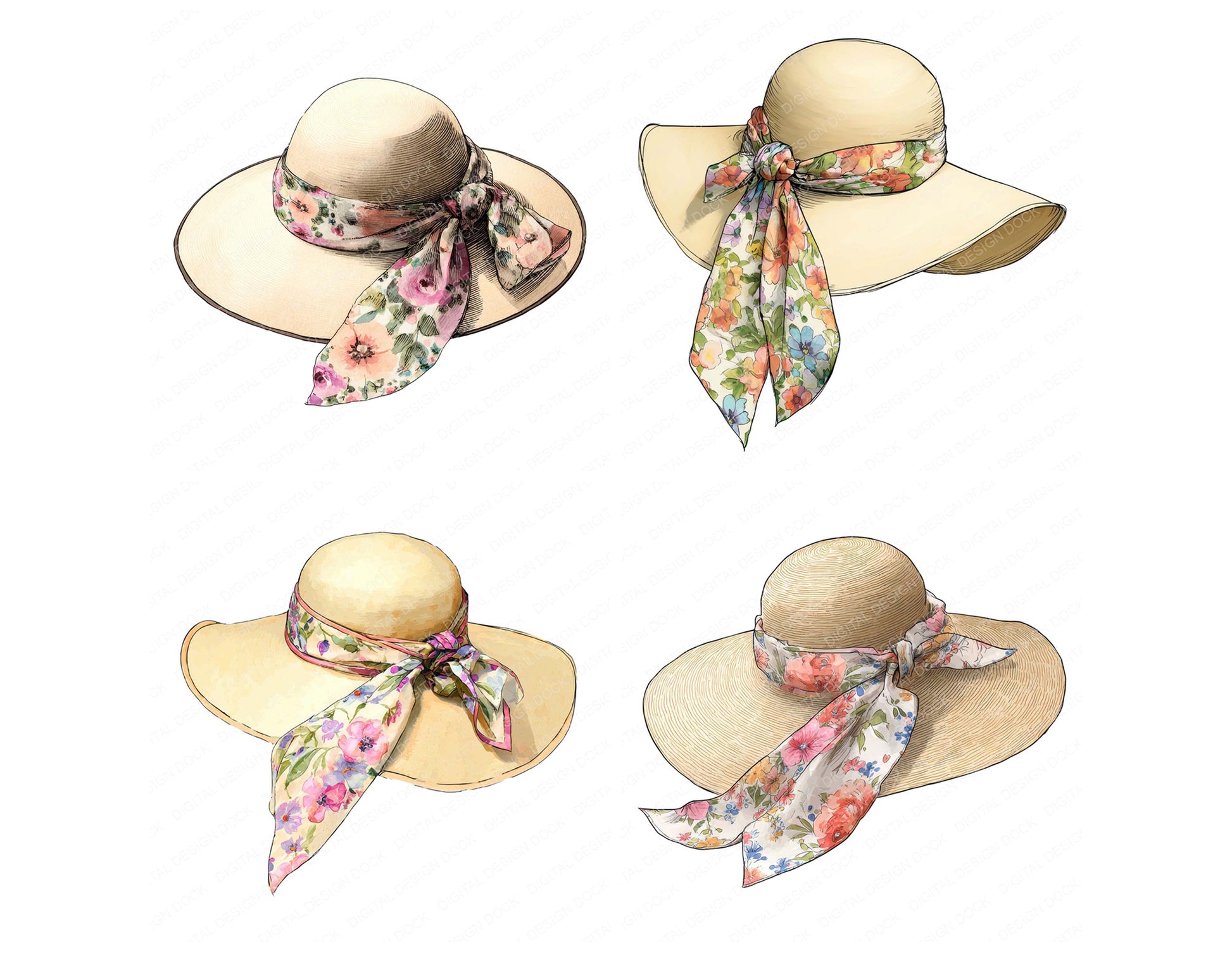 Close view of Watercolour Summer Hat clipart highlighting illustration detail and cohesive colour tones