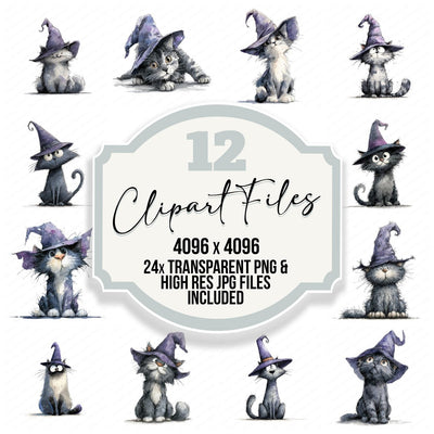Watercolour Witch Cat clipart set cover showing the designs and file details