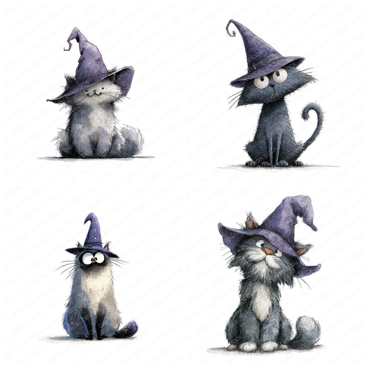 Watercolour Witch Cat Clipart Set (DDD007421)