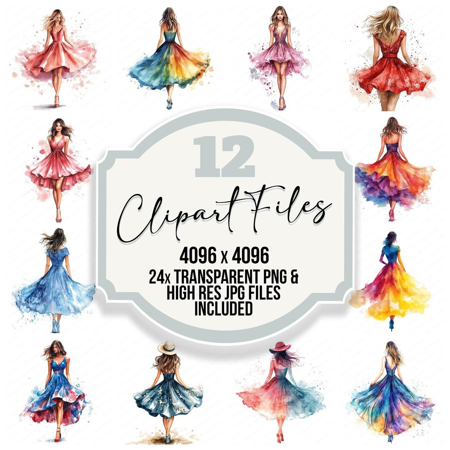Watercolour Woman Colourful Dress Clipart Set (DDD007429)
