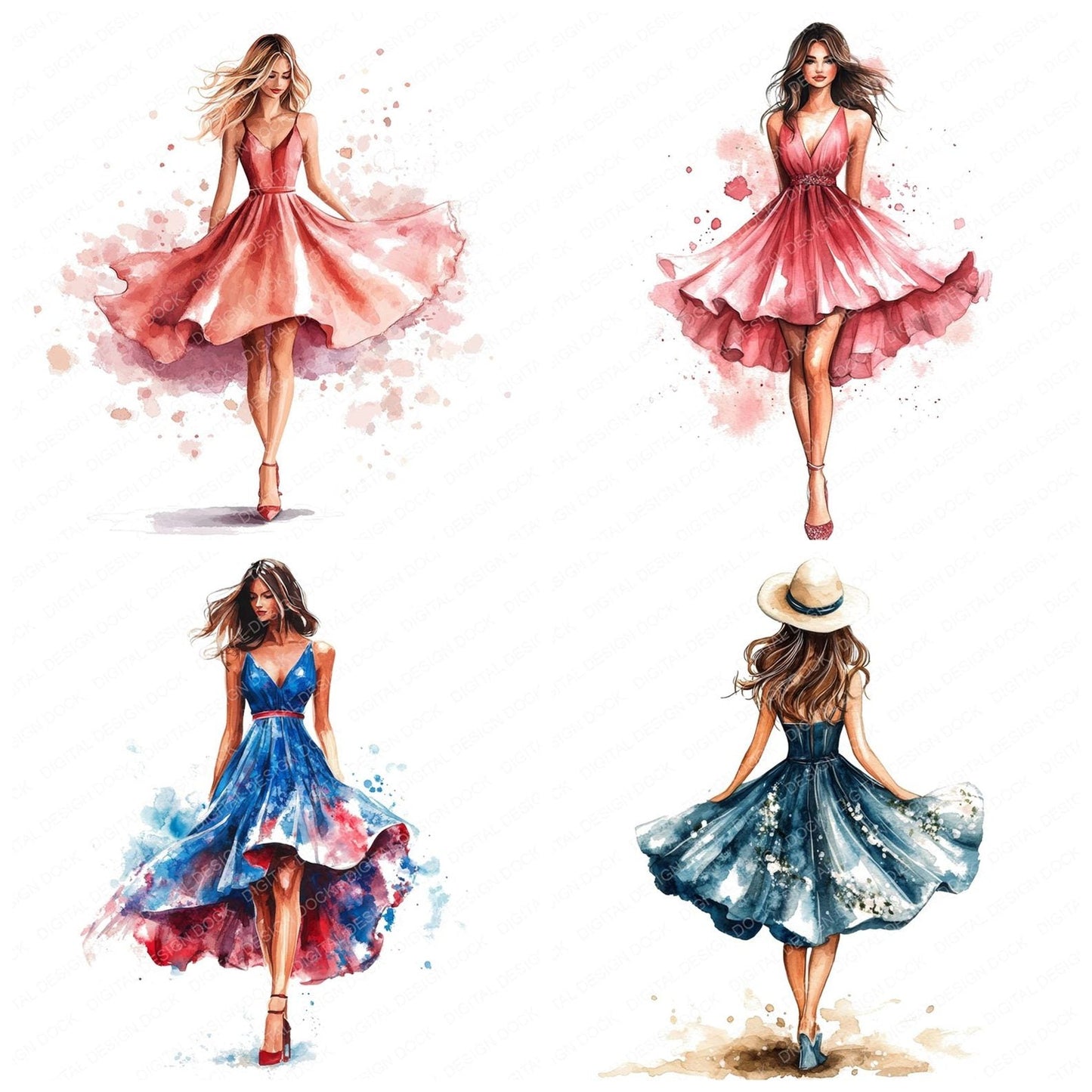 Watercolour Woman Colourful Dress Clipart Set (DDD007429)
