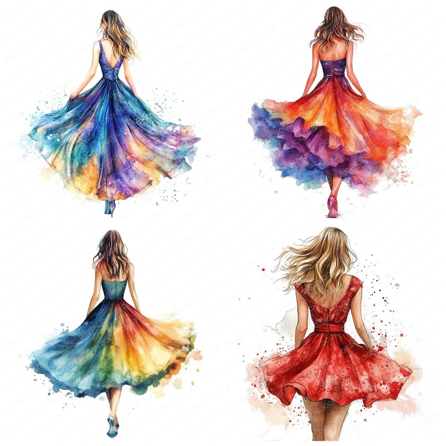 Watercolour Woman Colourful Dress Clipart Set (DDD007429)