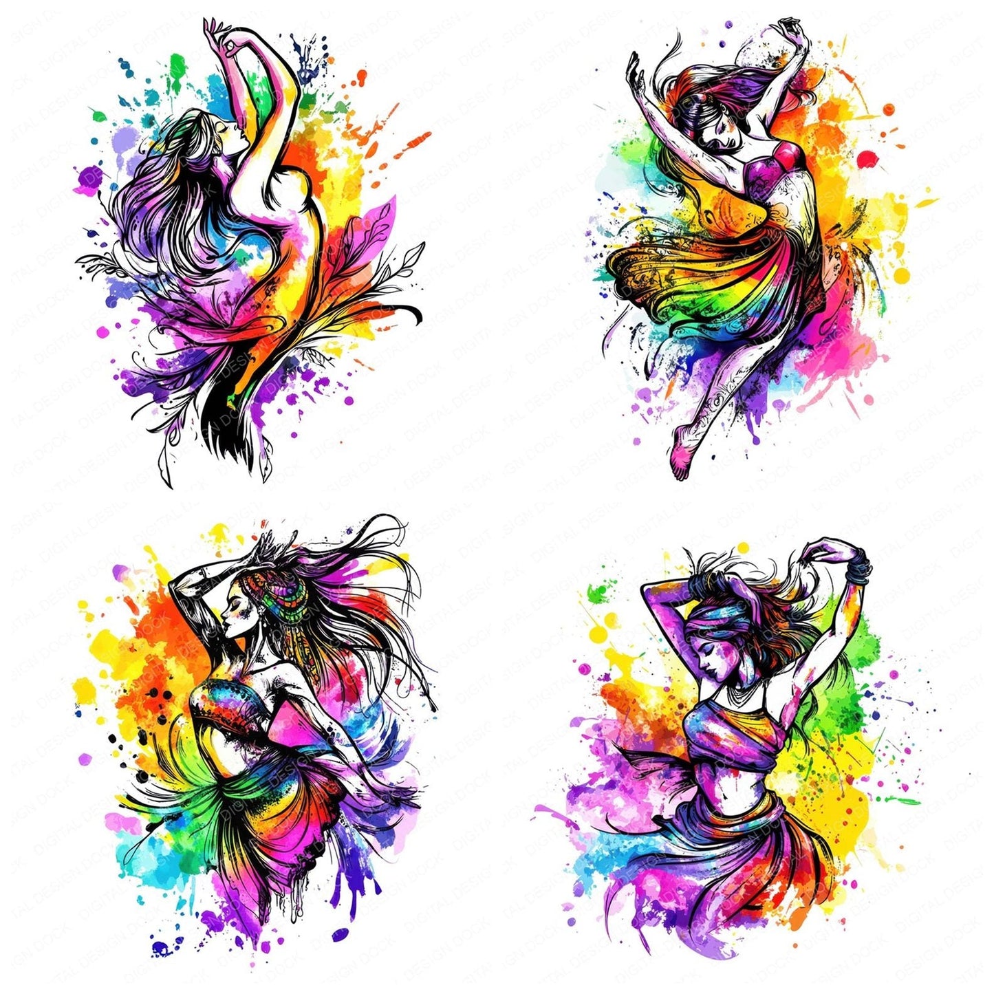 Watercolour Woman Dancing Spatter Clipart Set (DDD007430)