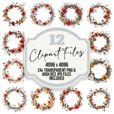 Wild Dried Flower Wreath clipart set cover showing the designs and file details