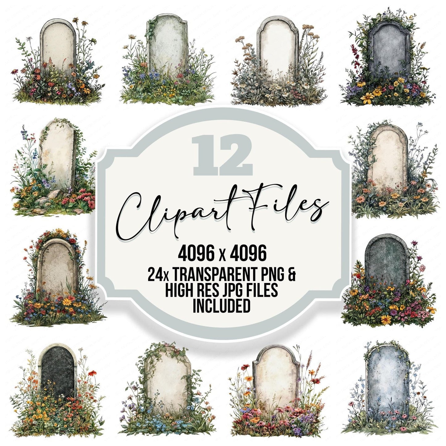 Wildflower Blank Floral Headstone Clipart Set (DDD007472)