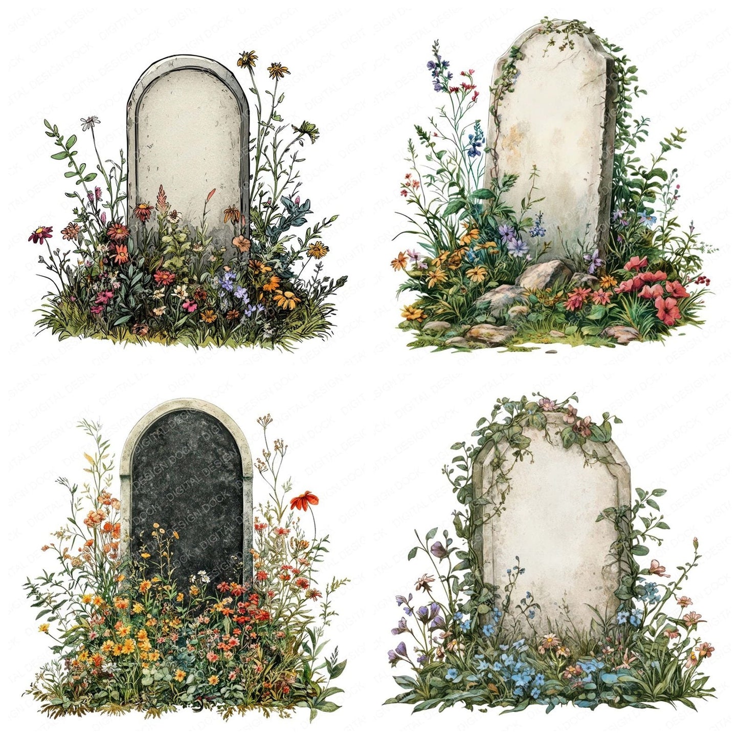 Wildflower Blank Floral Headstone Clipart Set (DDD007472)