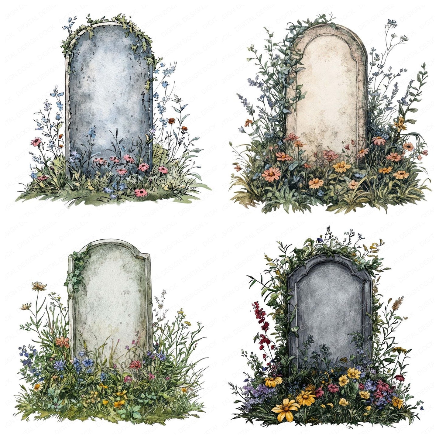 Wildflower Blank Floral Headstone Clipart Set (DDD007472)