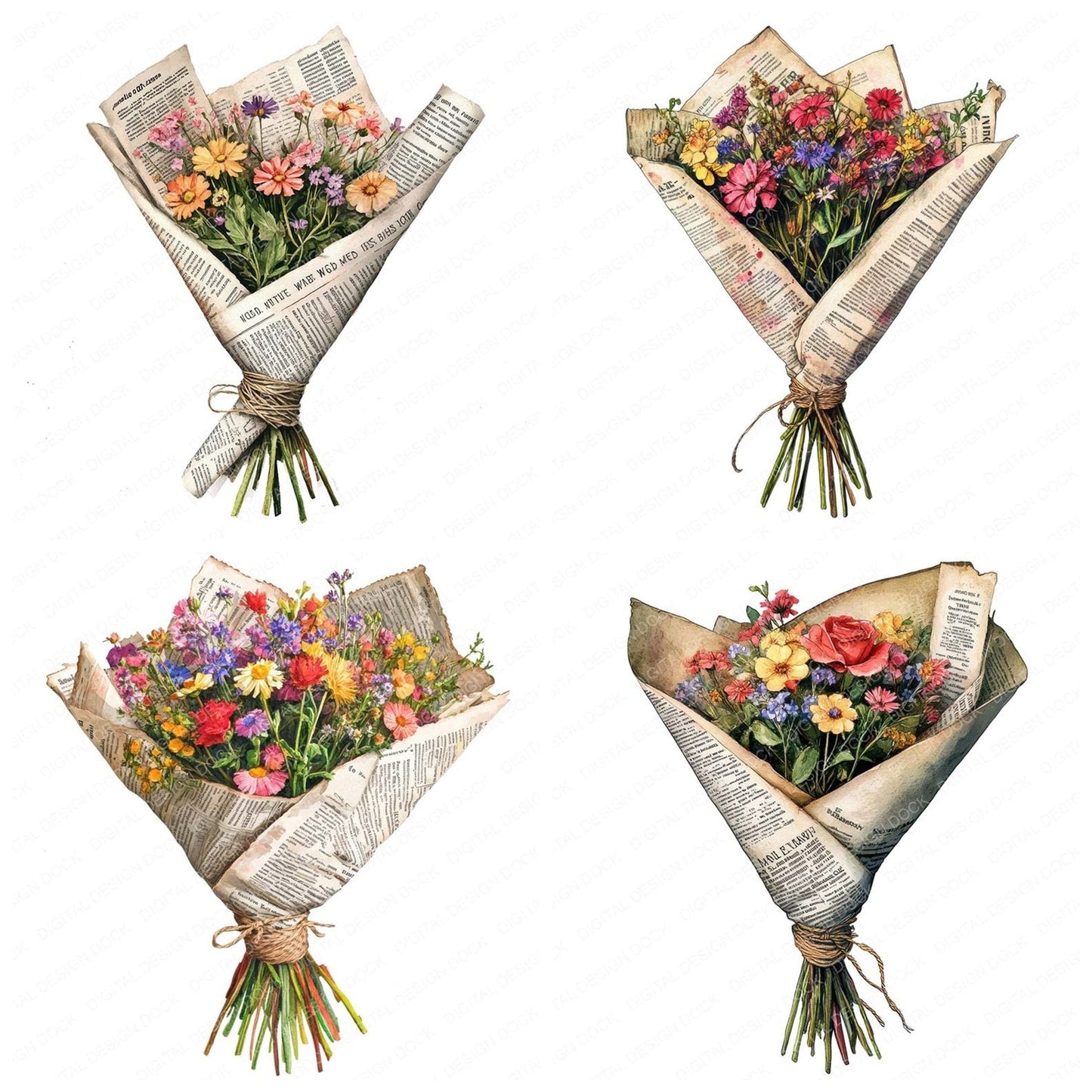 Wildflower Bouquet in Newspaper Clipart Set (DDD007475)