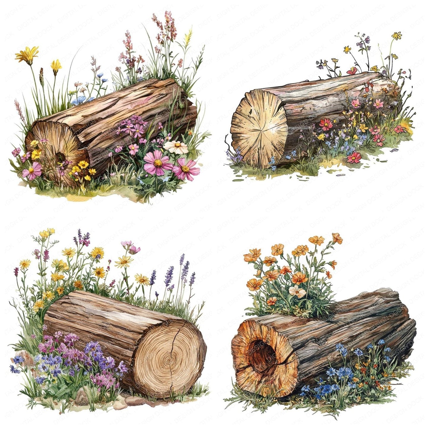 Wildflower Log Clipart Set (DDD007490)