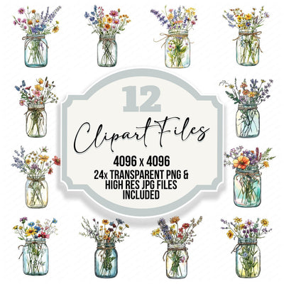 Wildflower Mason Jar clipart set cover showing the designs and file details