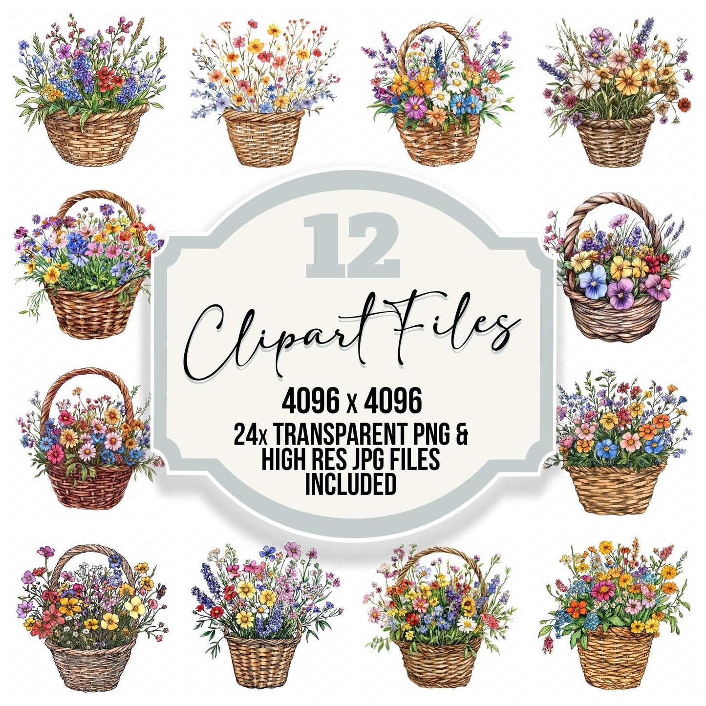 Wildflower Wicker Basket Clipart Set (DDD007514)