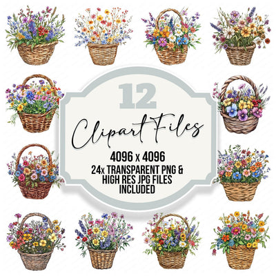 Wildflower Wicker Basket clipart set cover showing the designs and file details