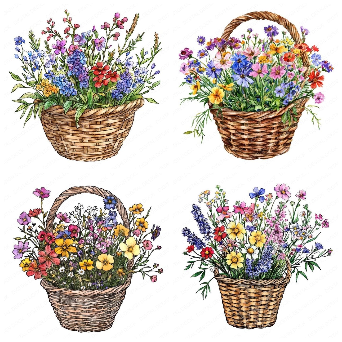 Wildflower Wicker Basket Clipart Set (DDD007514)