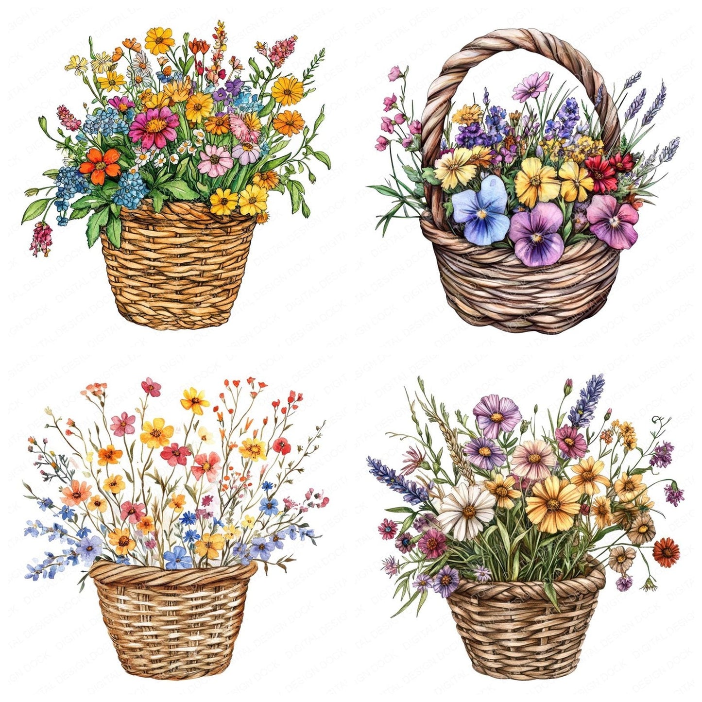 Wildflower Wicker Basket Clipart Set (DDD007514)