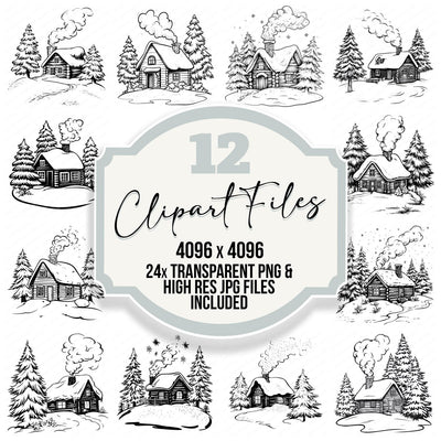 Winter Cabin Colouring Page Clipart Set (DDD007522)